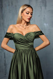 Army Grøn Off the Shoulder Satin A-linje Lang Gallakjole