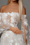 Blonder Elfenben A linje applikationer Off the Shoulder Weddinng kjole med slids