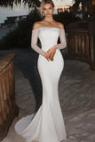 Elegant elfenben Off the Shoulder Beaded Mermaid Lang brudekjole med lange ærmer