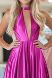 Chic Fuchsia A Line Halter V-hals Satin plisseret lang gallakjole