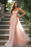 Chic Blush Sweetheart A-linje Ruched Tyl Lang Gallakjole med Slids