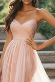 Chic Blush Sweetheart A-linje Ruched Tyl Lang Gallakjole med Slids