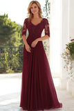 Elegant bordeaux A Line V-hals Chiffon Lang Baby Of the Bride Kjole med Blonder Appliques