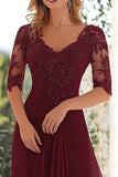 Elegant bordeaux A Line V-hals Chiffon Lang Baby Of the Bride Kjole med Blonder Appliques