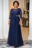 Elegant Navy A Line Båd Hals Chiffon Lang Mor Af Bruden Kjole med Blonder Appliques