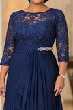 Elegant Navy A Line Båd Hals Chiffon Lang Mor Af Bruden Kjole med Blonder Appliques