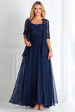 Elegant Navy A Line Båd hals Chiffon Blonder Applique Lang Mor Af Bruden Kjole med 3/4 ærmer