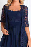 Elegant Navy A Line Båd hals Chiffon Blonder Applique Lang Mor Af Bruden Kjole med 3/4 ærmer