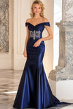 Elegant Navy Off the Shoulder havfrue Satin lang mor til bruden kjole med broderi