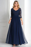 Elegant Navy V-hals A-linje Chiffon Lang Mor Af Bruden Kjole med 3/4 ærmer