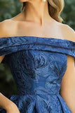 Navy A-linje fra skulderen rynket Jacquard Lang kjole til brudens mor