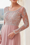 Elegant Blush Boat Neck Applique Skede Lang mor til bruden med lange ærmer