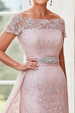 Elegant Blush Off the Shoulder Column Lace Lang Mor af Bruden med Rhinestone