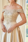 Elegant Champagne Off the Shoulder A-Line Mat Satin Lang Brudens Mor med broderi