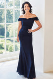 Navy Off The Shoulder Chiffon Sheath Mor til Bruden Kjole