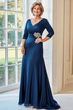 Navy V-hals Satin Broderet Rynket Brudens Mor Kjole