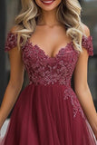 En linje bordeaux off the shoulder applikeret tyl mor til bruden kjole
