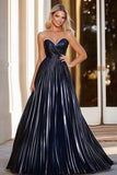 Glitter A Line Navy Sweetheart Ruched Prom Kjole