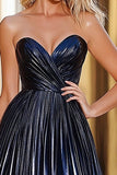 Glitter A Line Navy Sweetheart Ruched Prom Kjole