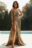 Guld Off The Shoulder Skede Metallic Satin Prom Kjole Med Slids