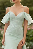 Mint Chiffon Cold Shoulder Appliques Flæse Gallakjole med slids