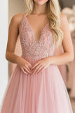 A Line Blonder Appliques Tyl Pink Dyb V-hals Prom Kjole