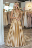 Guld Satin Sweetheart A Line Ruched Prom Kjole med Perlebesat