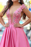 Glitrende Pink Prinsesse V-hals Satin Lang Gallakjole med Appliques