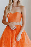 Orange A-linje 2-delt Sweetheart Ruffled Blonde Lang Gallakjole