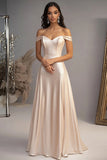 Elegant Champagne A-linje Off the Shoulder Satin Lang Gallakjole