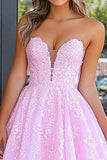 Elegant Pink Sweetheart Prinsesse Blonder Applique Lang Gallakjole