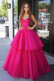 Glitter Fuchsia Prinsesse Sweetheart Tyl Tiered Lang Gallakjole