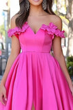 Fuchsia Satin A Line Off The Shoulder Applique Prom Kjole med slids