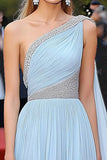 Elegant A Line Himmelblå Chiffon One Shoulder Gala Kjole