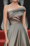 Elegant Stål Grå Ruched A Line Gala Kjole