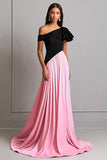 Sort & Pink Crepe A Line One Shoulder Gala Kjole