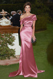 Satin One Shoulder Skede Pink Gala Kjole