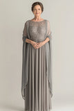 Elegant Sliver A-Line Scoop Lang Chiffon Kjole til Brudens Mor med Blonder Appliques