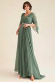 Elegant Eucalyptus A-linje V-hals rynket lang chiffon Mother Of the Bride kjole med halve ærmer