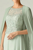 Elegant Mint A-Line Scoop Chiffon Beaded Lang Mor Af Bruden Kjole med Cap