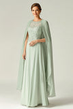 Elegant Mint A-Line Scoop Chiffon Beaded Lang Mor Af Bruden Kjole med Cap