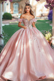 Blush Off the Shoulder Prinsesse Satin Quinceanera Kjole med applikationer