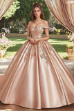 Blush Off the Shoulder Satin Princess Quinceanera Kjole med applikationer