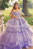 Plum Off the Shoulder Tyl Balkjole Lagdelt Quinceanera Kjole med applikationer