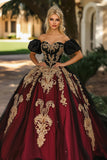 Bordeaux og sort Off the Shoulder Ball kjole Organza Applikeret Quinceanera kjole med pufærmer