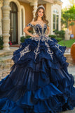 Navy Prinsesse Off the Shoulder Organza Ruffled Quinceanera Kjole med applikationer