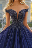 Navy Tyl Balkjole Stropløs Off the Shoulder Quinceanera Kjole