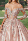 Off The Shoulder Blush Halve ærmer Satin Balkjole Quinceanera Kjole