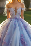 Prinsesse lavendel balkjole Off the Shoulder Tyl Quinceanera kjole med 3D blomster