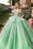 Prinsesse Mint balkjole Off the Shoulder Flæser Tyl Quinceanera kjole med blonder applikationer